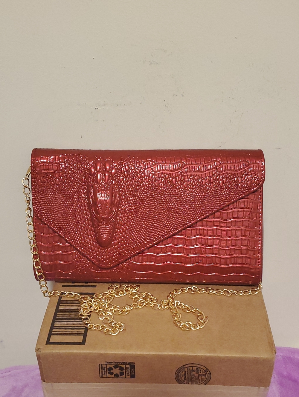 Croc-Embossed Red Envelope Clutch with Gold Chain Strap